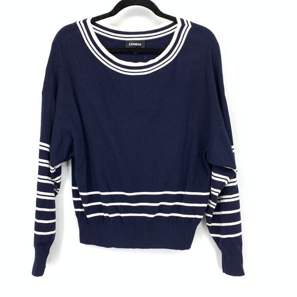 Express Pullover Sweater Womens Size Medium Navy Blue White Striped - Picture 1 of 6